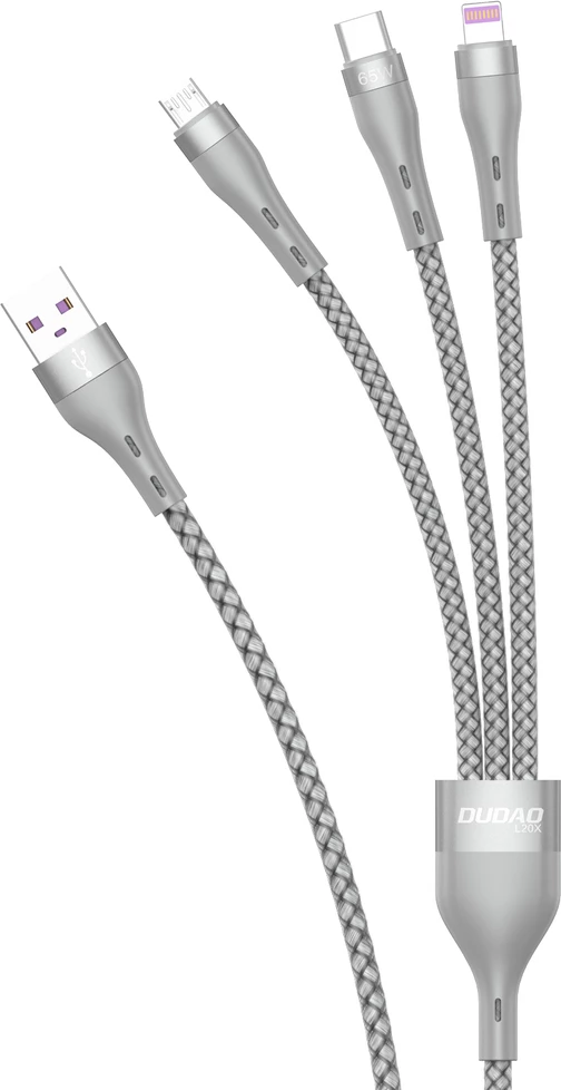 Kabllo USB 3-në-1 Dudao L20X 65W 1.2 m USB-A në USB-C/Micro USB/Lightning, gri