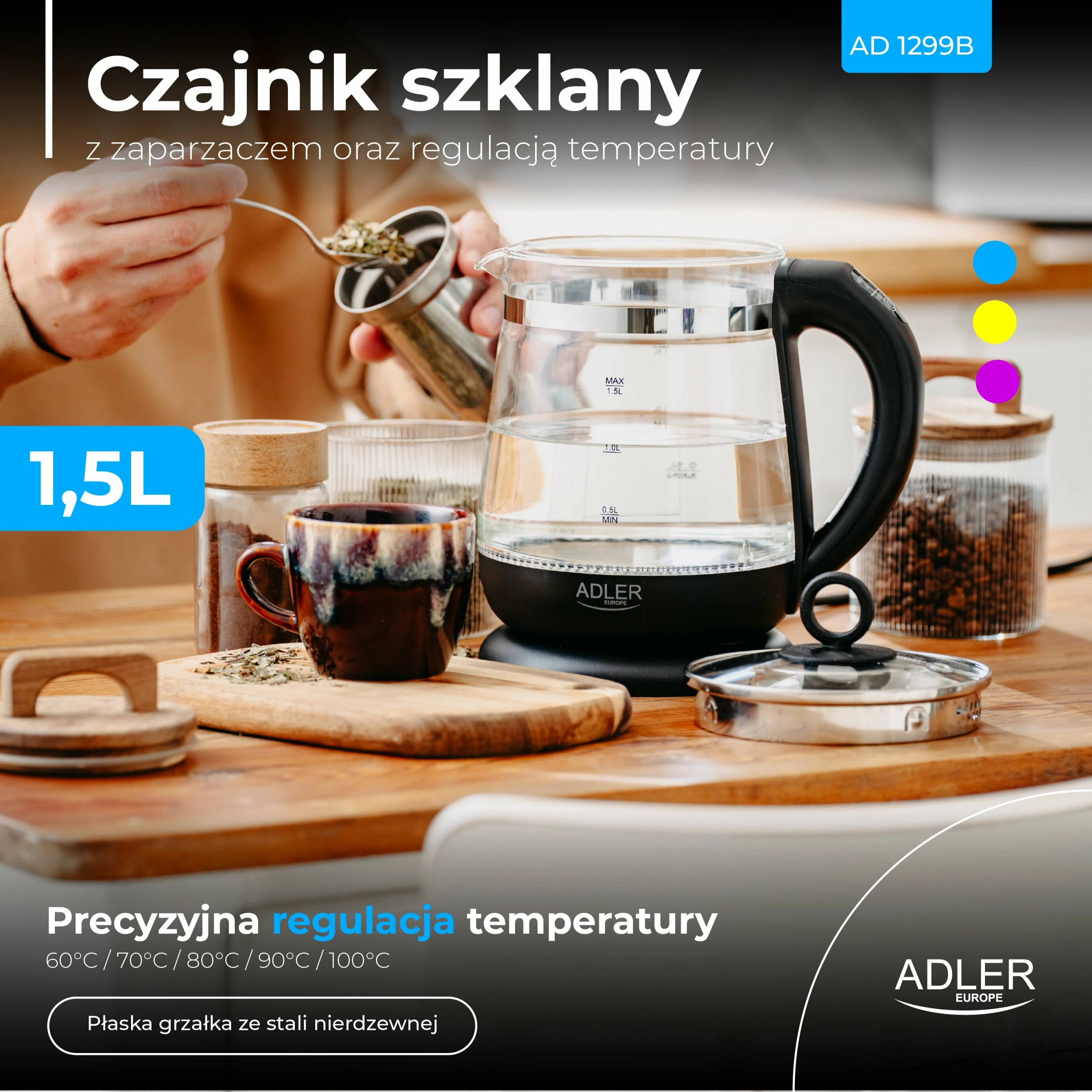 Çajnik elektrik Adler AD 1299 1.5L me kontroll temperature, qelq, infuzer, 2200W, i zi