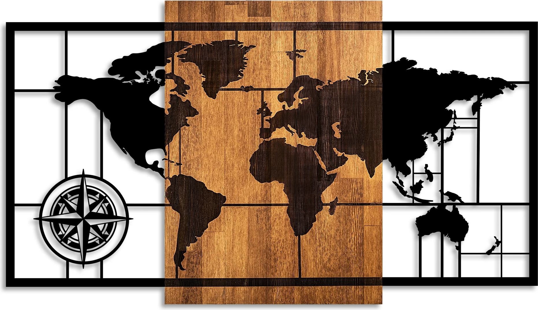 Aksesor dekorativ për mur, hartë bote, dru dhe metal, ngjyrë arre dhe e zezë, 70x121cm