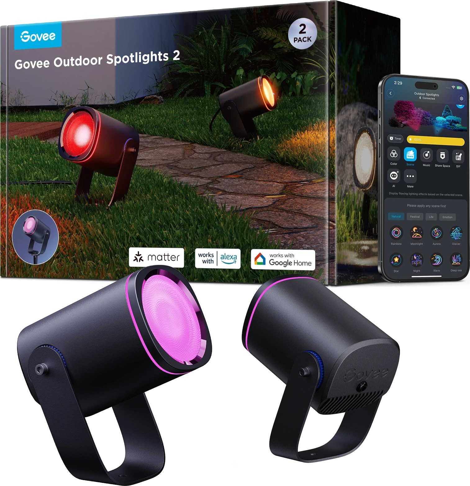 Reflektorë LED të jashtëm Govee Outdoor Spotlights 2, RGBWIC 16M ngjyra, IP67, Matter/Alexa/Google, 2 copë, të zeza
