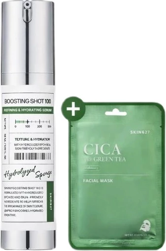Set serum + maskë për fytyrë SKIN627 Boosting Shot 100 + Cica me Green Tea Sheet Mask për femra, 2 copë (serum 50ml + maskë 22ml)