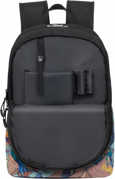 çantë shpine RIVACASE Skaters 5420, 12L, për laptop, material repelent uji, e zezë me print shumëngjyrësh