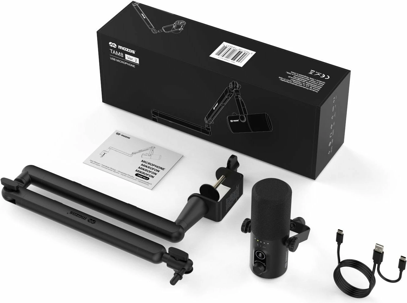 Mikrofon dinamik Mozos TAM8 v2, USB-C/XLR, kardioid, i zi, set me krah tavoline dhe kabllo