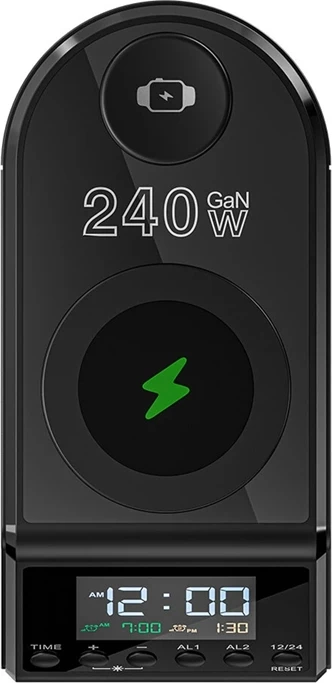 Orë alarmi me karikues 10‑në‑1, BlitzWolf BW-FW10, 4x USB-C + 2x USB-A, 2 karikim pa tela (telefon 15W + smartwatch 5W), PD 3.1 deri 240W, e zezë