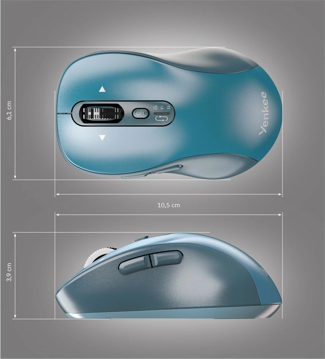 Maus wireless YENKEE YMS 2010BE GYRO, dual Bluetooth 5.1 + USB 2.4GHz, 1000-3200 DPI, 6 butona, zi/turkeze, me 2x bateri AA