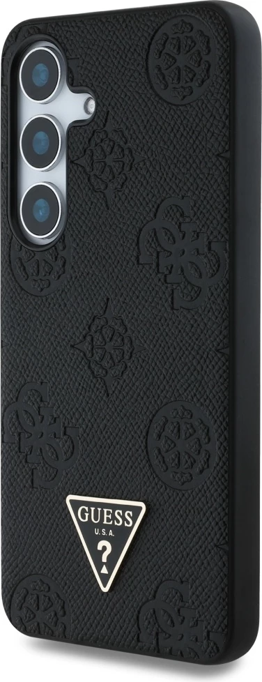 Mbështjellës Guess Grained Hot Stamp Peony Pattern Triangle Logo MagSafe për Samsung Galaxy S25, i zi