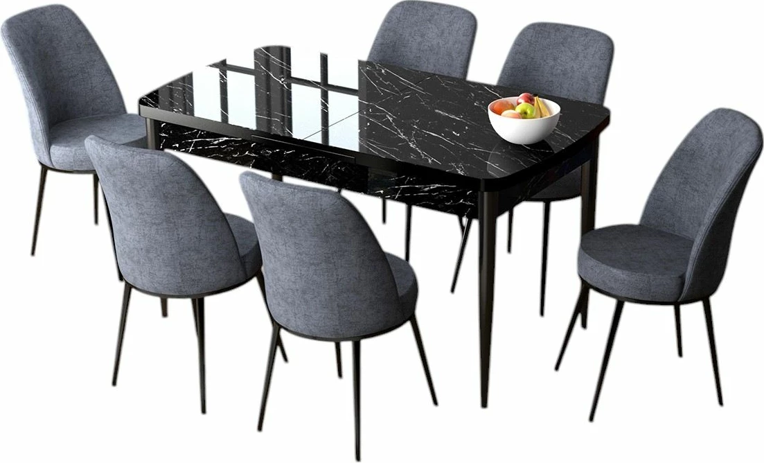 Tavolinë me karrige, zgjatshme, 7 copë, Skye Decor, ngjyrë mermeri të zi, fume