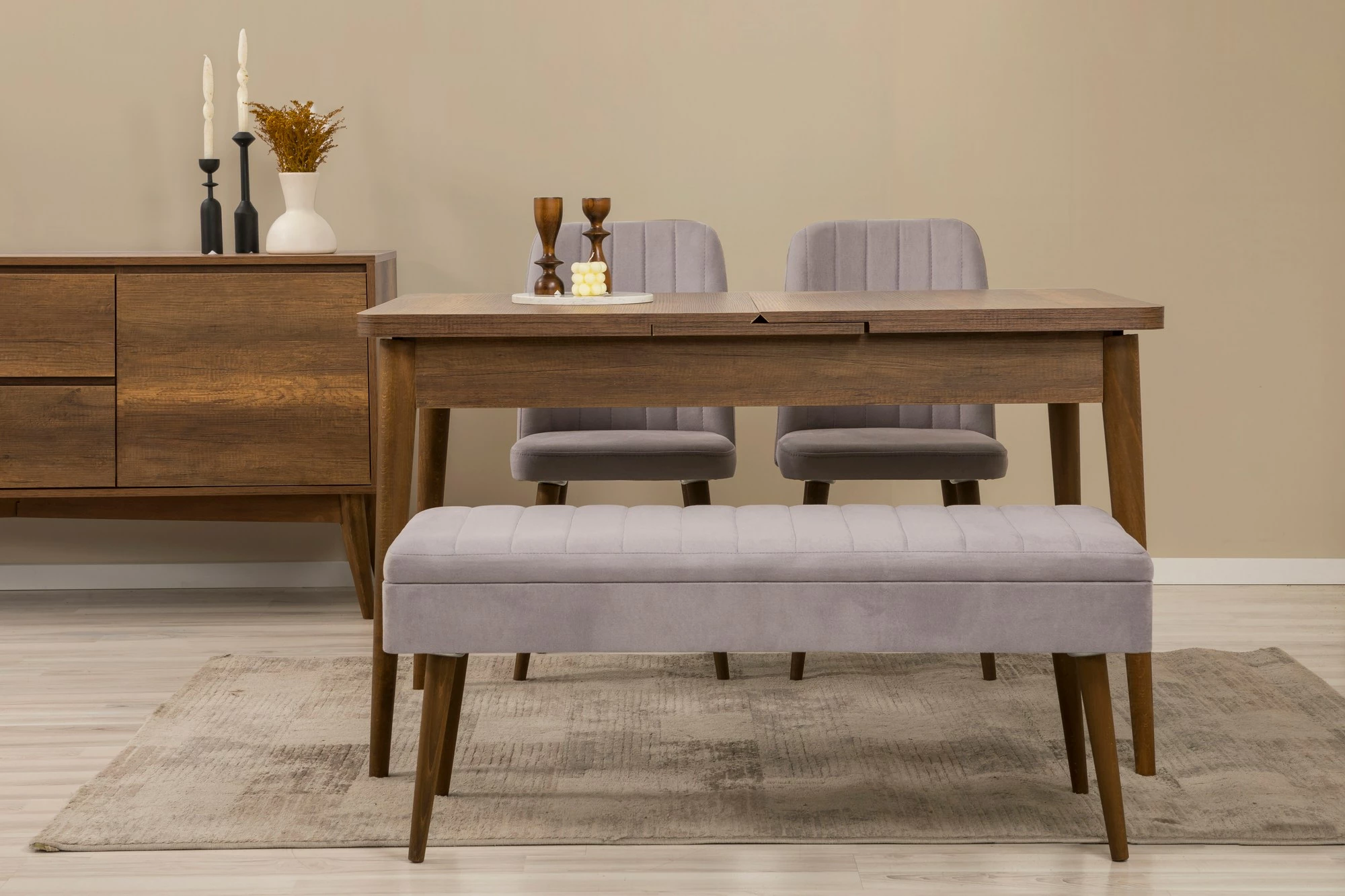 Set tavolinë me karrige dhe konsol, zgjatues, 5 pjesë, Skye Decor, Vina 02 0701, ngjyrë arre, gri