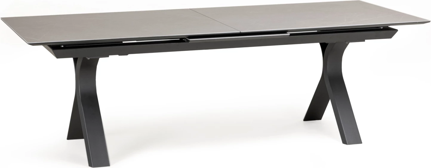 Tavolinë ngrënieje e zgjerueshme Andromeda, alumin, sipërfaqe prej guri të sinterizuar, ngjyrë gri, 180-240x100x76.5cm