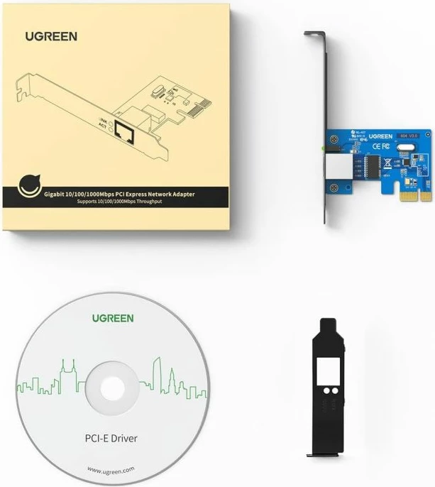 Kartë rrjeti PCIe UGREEN 30771 Gigabit 10/100/1000 Mbps, blu/e zezë, set me bracket low-profile