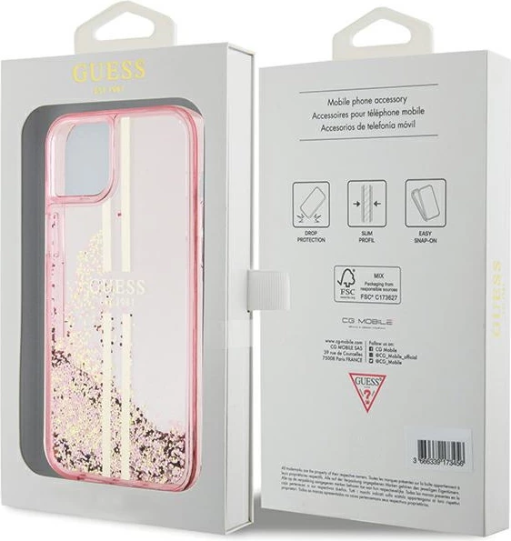 Mbështjellës Guess Liquid Glitter Gold Stripes për iPhone 15 Plus / 14 Plus, Rozë