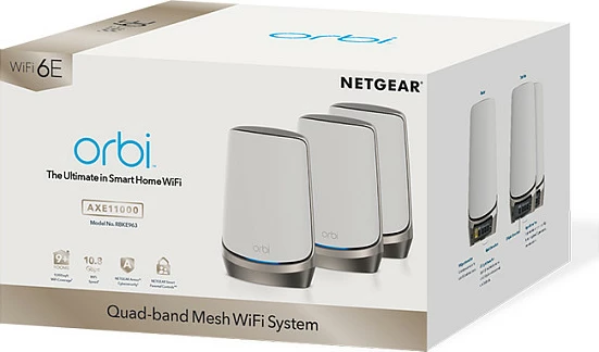 Sistem Mesh WiFi NETGEAR Orbi RBKE963 AXE11000, Wi‑Fi 6E Quad‑Band, 3 copë, Gri/Bardhë