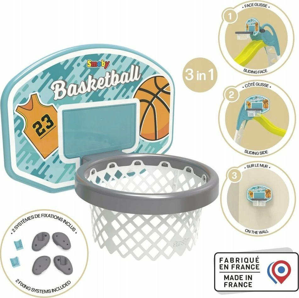 Kosh basketbolli Smoby 820700, për fëmijë 3+, montim në slajd ose mur, 42x54x54 cm, turkiz/gri