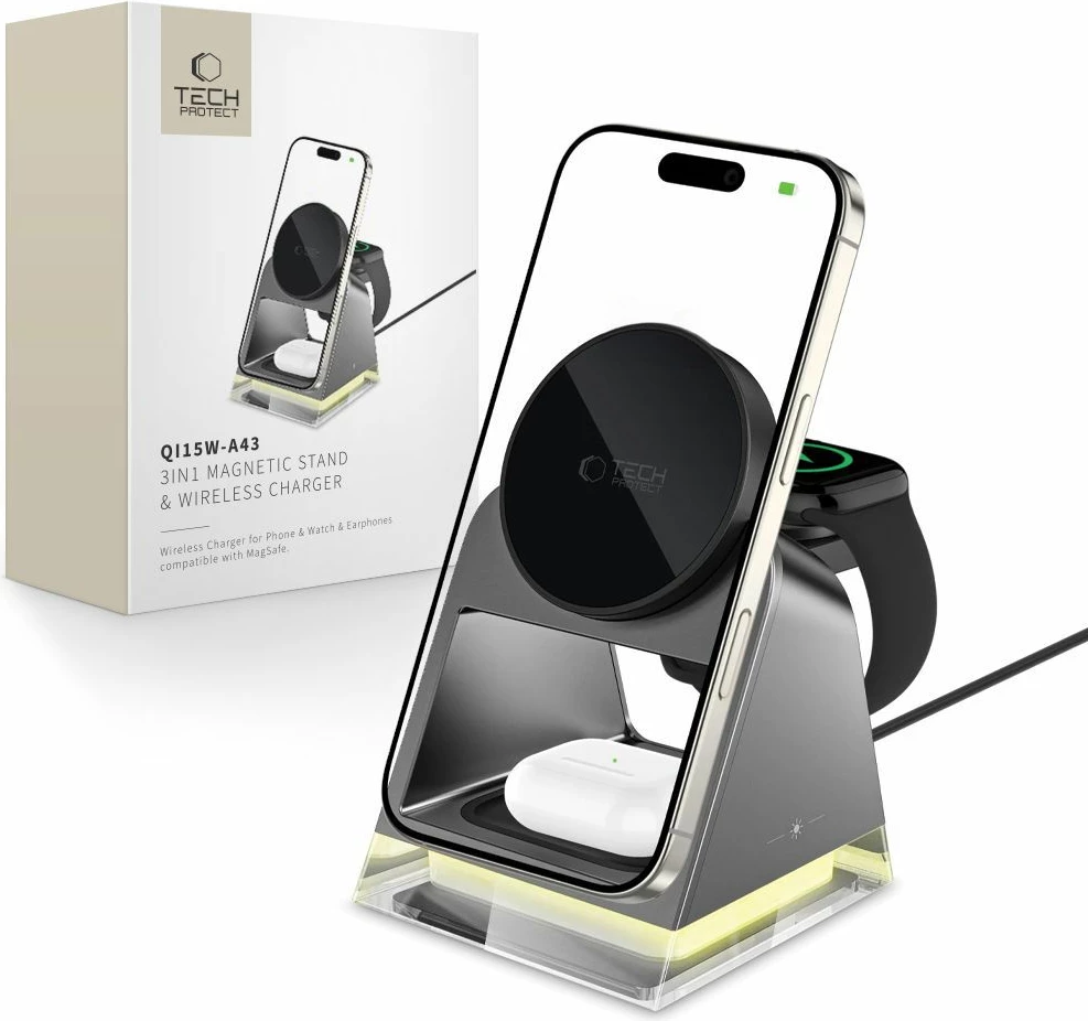 Karikues wireless 3-në-1 Tech-Protect QI15W-A43 me MagSafe, për Apple, i zi