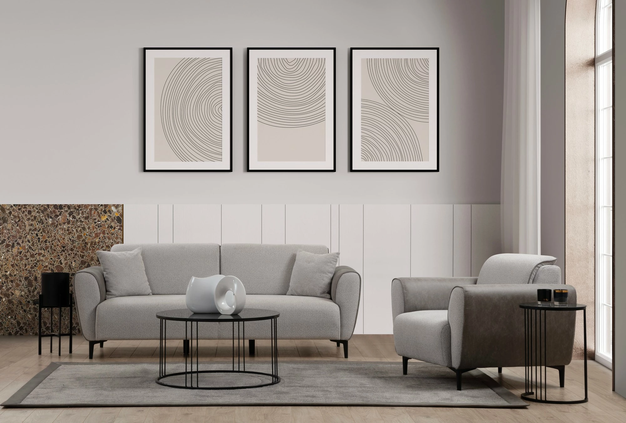 Divan-krevat treshe, Atelier del Sofa, aren, ngjyrë gri