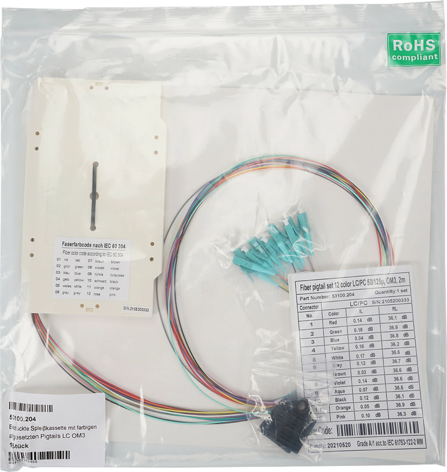 Kasetë splajsimi fibër optike EFB Elektronik, pigtail LC OM3 multimode, me ngjyra