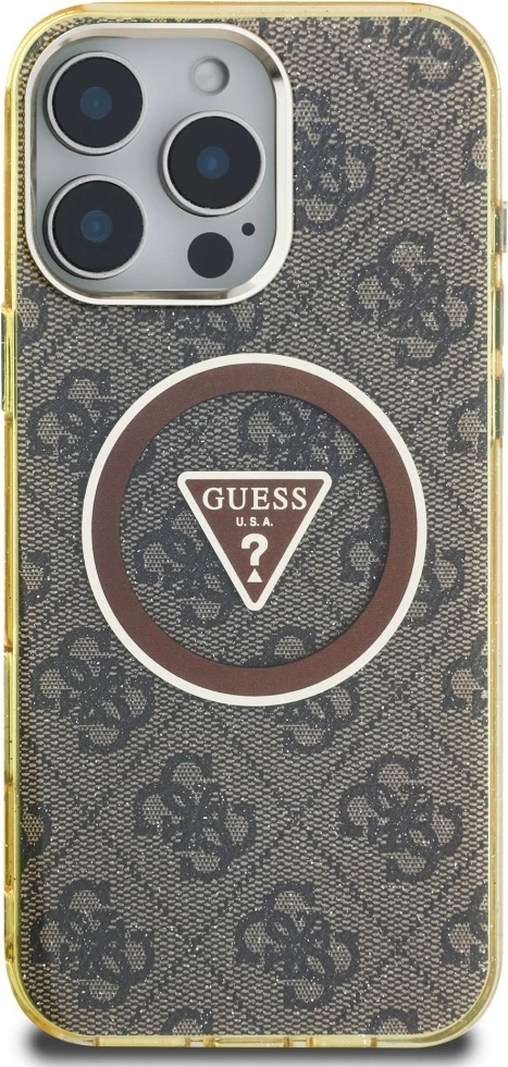 Mbështjellës Guess IML Metal Glitter 4G Circle Triangle MagSafe për iPhone 16 Pro Max, Kafe