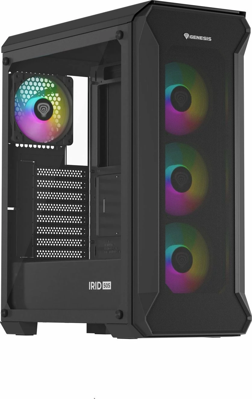Kasë GENESIS Irid 505 ARGB V2 NPC-1518 Midi Tower ATX/Micro ATX/Mini-ITX, 4x120mm ARGB fan, xham i kalitur, e zezë