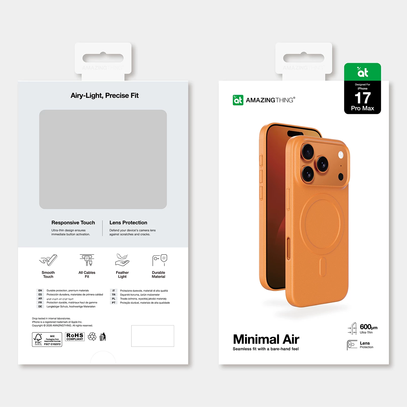 Mbështjellës AmazingThing Minimal Air Case për iPhone 17 Pro Max, kompatibil me MagSafe, 0.6 mm, TPU, përfundim mat, portokalli