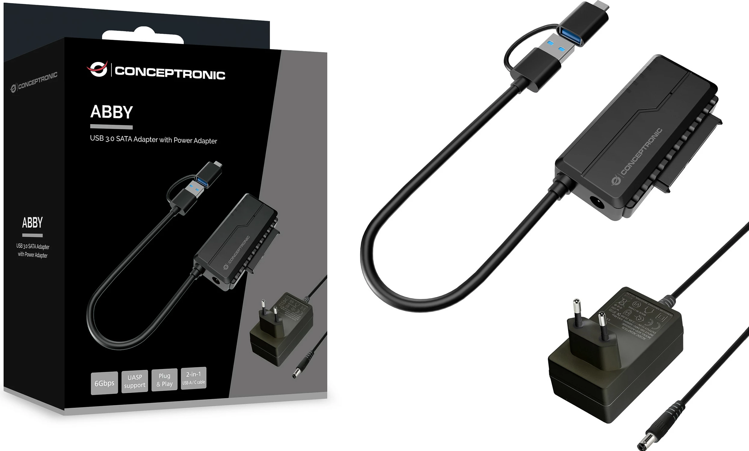 Adapter USB-A/USB-C 3.0 në SATA 22-pin Conceptronic, 6 Gbit/s, me adapter rryme, i zi
