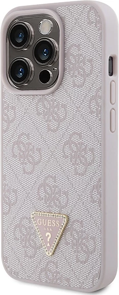 Mbështjellës Guess Leather 4G Triangle Strass për iPhone 15 Pro, Rozë