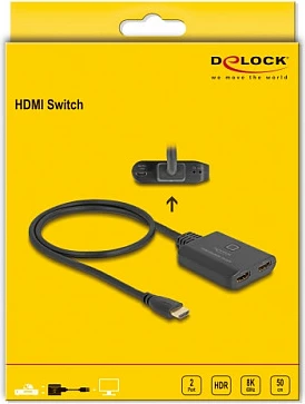 HDMI Switch DeLOCK 2x në 1x, 8K 60Hz, 48 Gbit/s, kabllo 50 cm, i zi