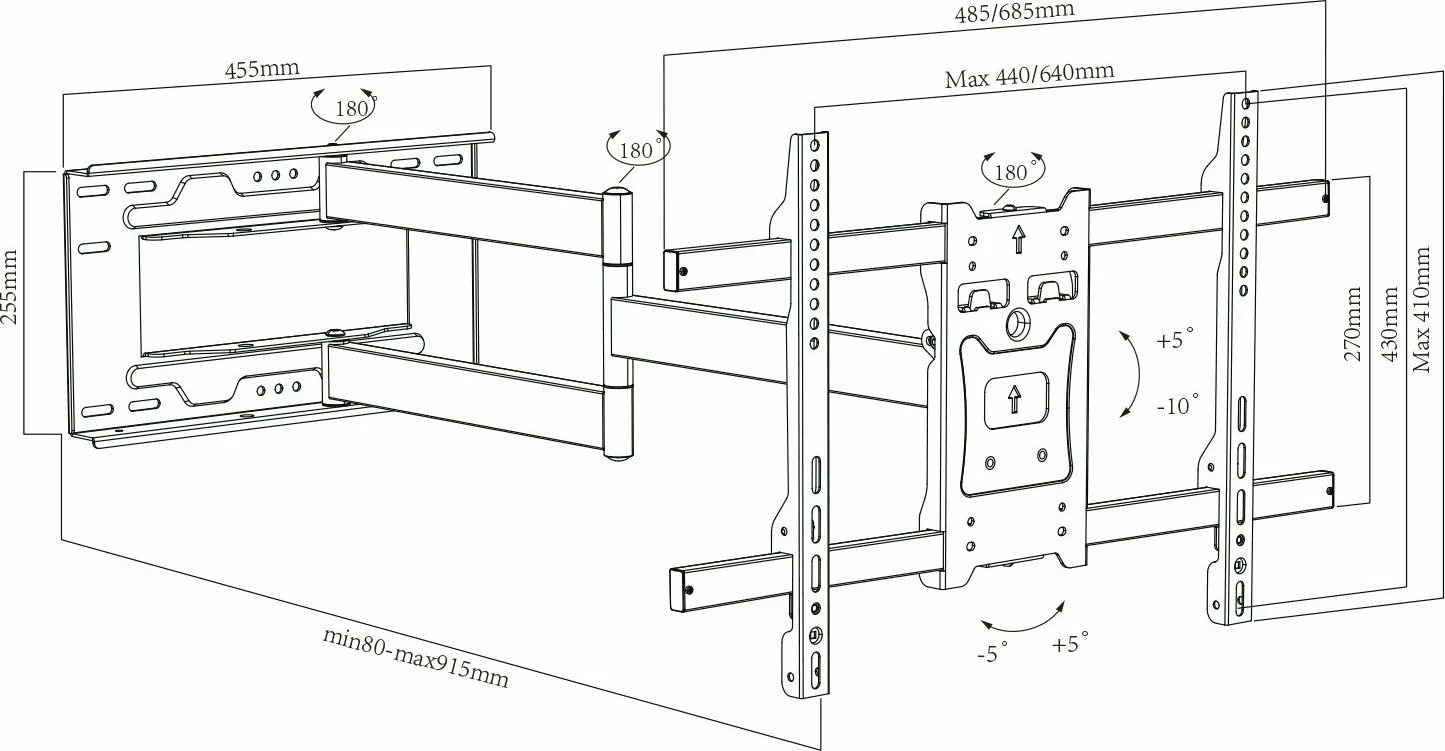 Mbajtëse muri për TV Maclean MC-985, 37-70\", VESA deri 600x400, 45 kg, krah 915 mm, rrotulluese, e zezë