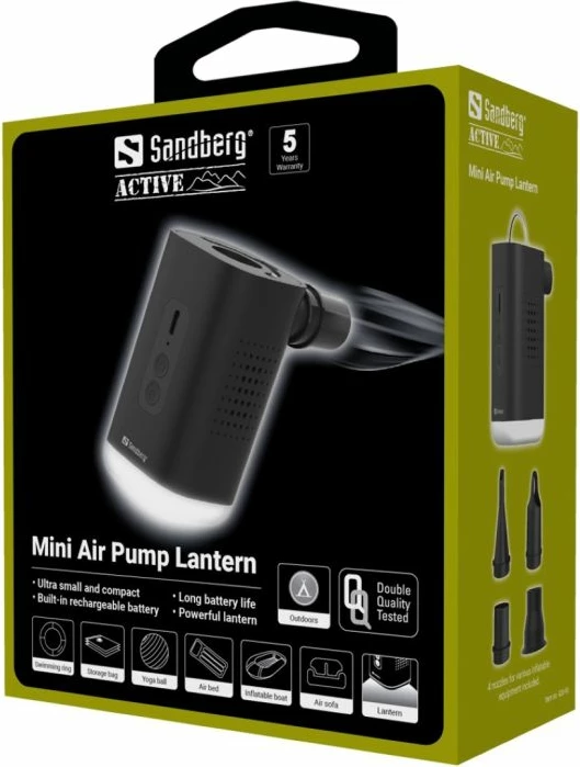 Mini pompë ajri me llampë kampingu Sandberg 420-93, bateri 1200mAh, USB-C, 4 hundëza, e zezë