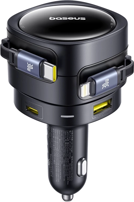 Karikues veture Baseus Enjoyment Max, 90W, 2 kabllo të integruara USB-C + Lightning, 2 porta USB-A + USB-C, zi