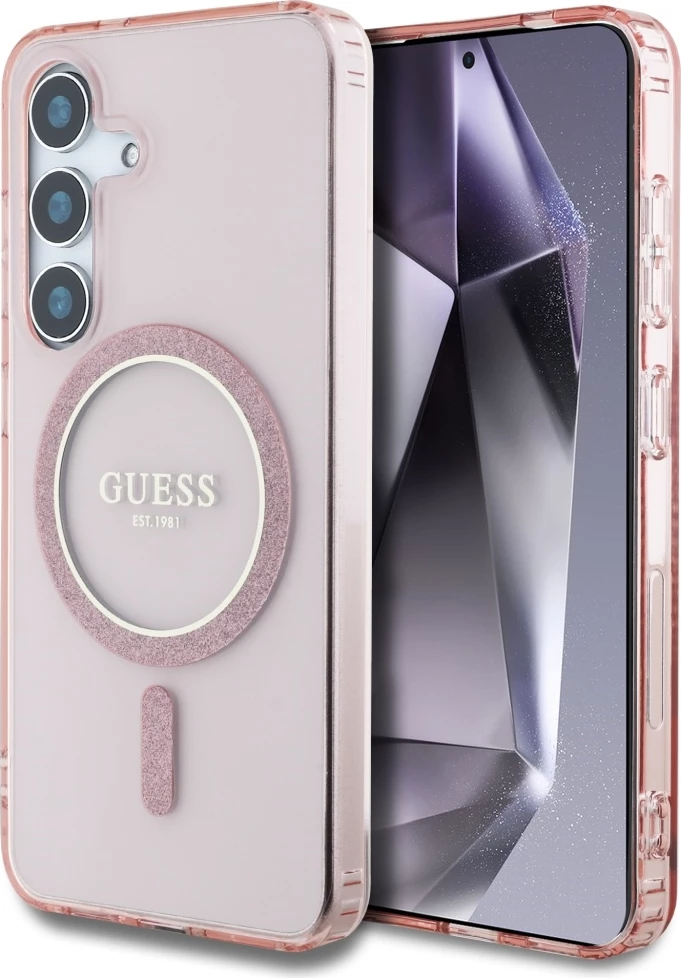 Mbështjellës Guess Glitter Circle Classic Logo MagSafe për Samsung Galaxy S25, Rozë
