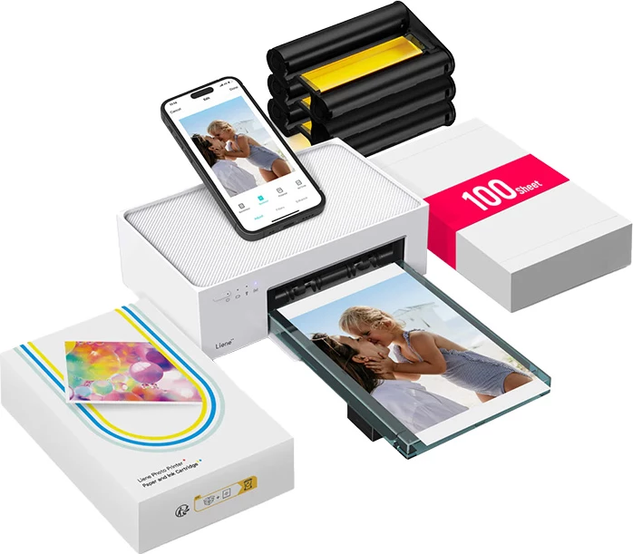 Printer foto portativ Liene Amber M100 4x6 inç, Wi‑Fi, 300 DPI, i bardhë, set me 100 fletë + 3 kartridgje