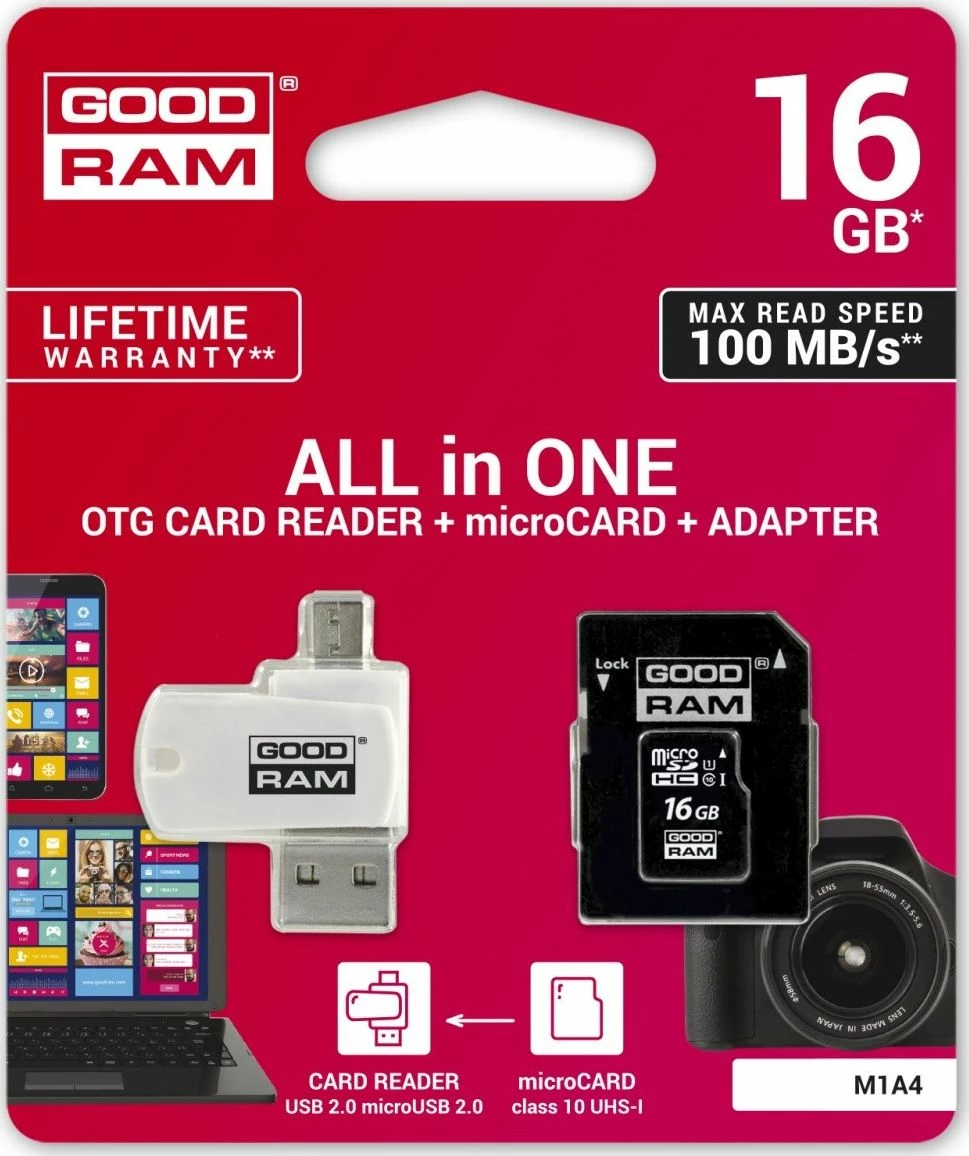 Kartë memorie GoodRam All in One microSDHC 16GB Class 10 UHS-I/U1, me adapter SD + lexues karte (M1A4-0160R12)