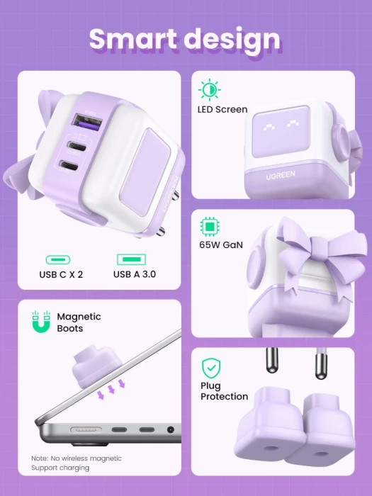 Karikues UGREEN Nexode RobotGaN 65W 35291, 2x USB-C + 1x USB-A, ekran LED, vjollcë