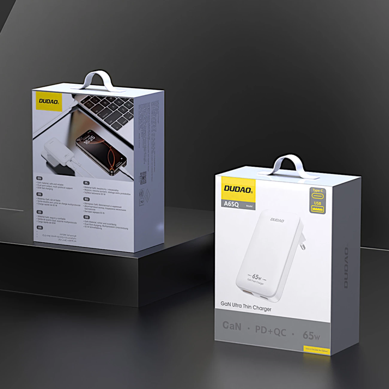 Karikues muri Dudao A65Q, 65W, GaN, USB-C/USB-A, i bardhë