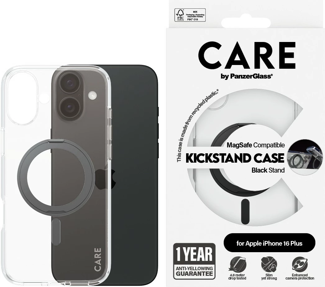 Mbështjellës PanzerGlass CARE Case Feature me Kickstand MagSAFE për iPhone 16 Plus, transparent
