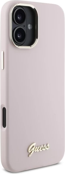 Mbështjellës Guess Silicone Script Metal Logo & Frame për iPhone 16, Rozë
