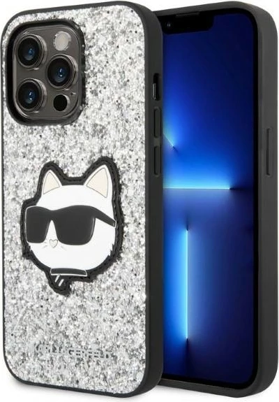 Mbështjellës Karl Lagerfeld Glitter Choupette për iPhone 14 Pro 6.1", argjendtë