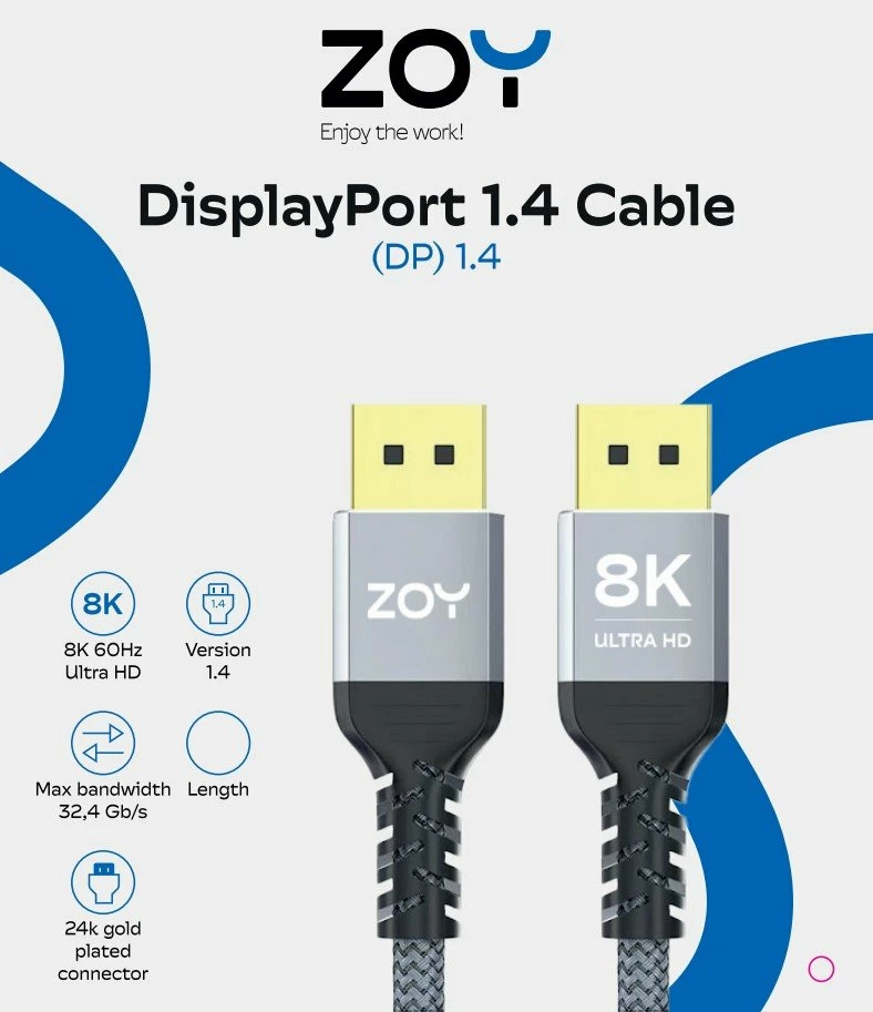 Kabel DisplayPort ZOY ZCD18 1.8m DP 1.4 8K 60Hz, gri