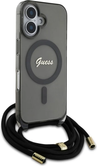 Mbështjellës Guess Crossbody Cord Script MagSafe për iPhone 16, i zi