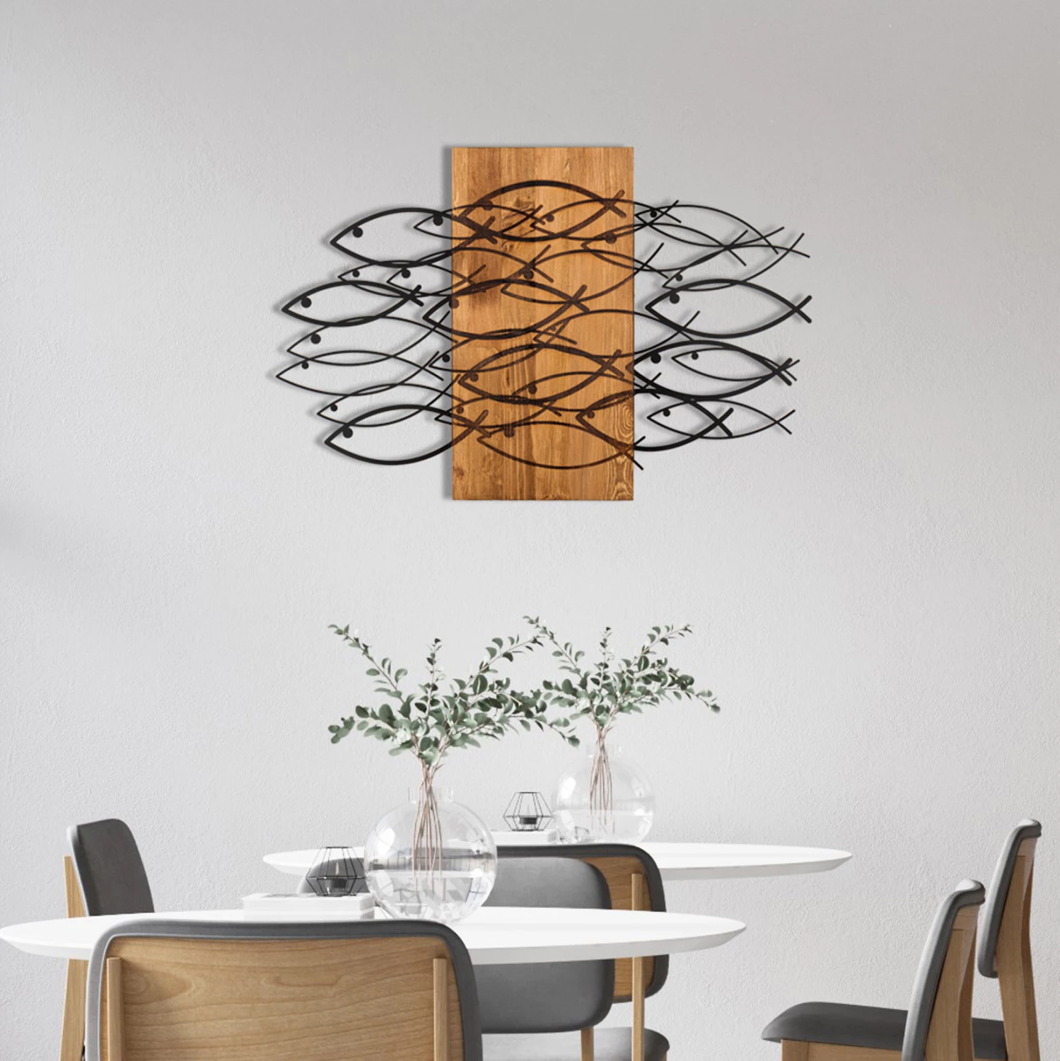Dekor muri me peshq, metal i zi, dru natyral, FH4811, 87x3x58cm