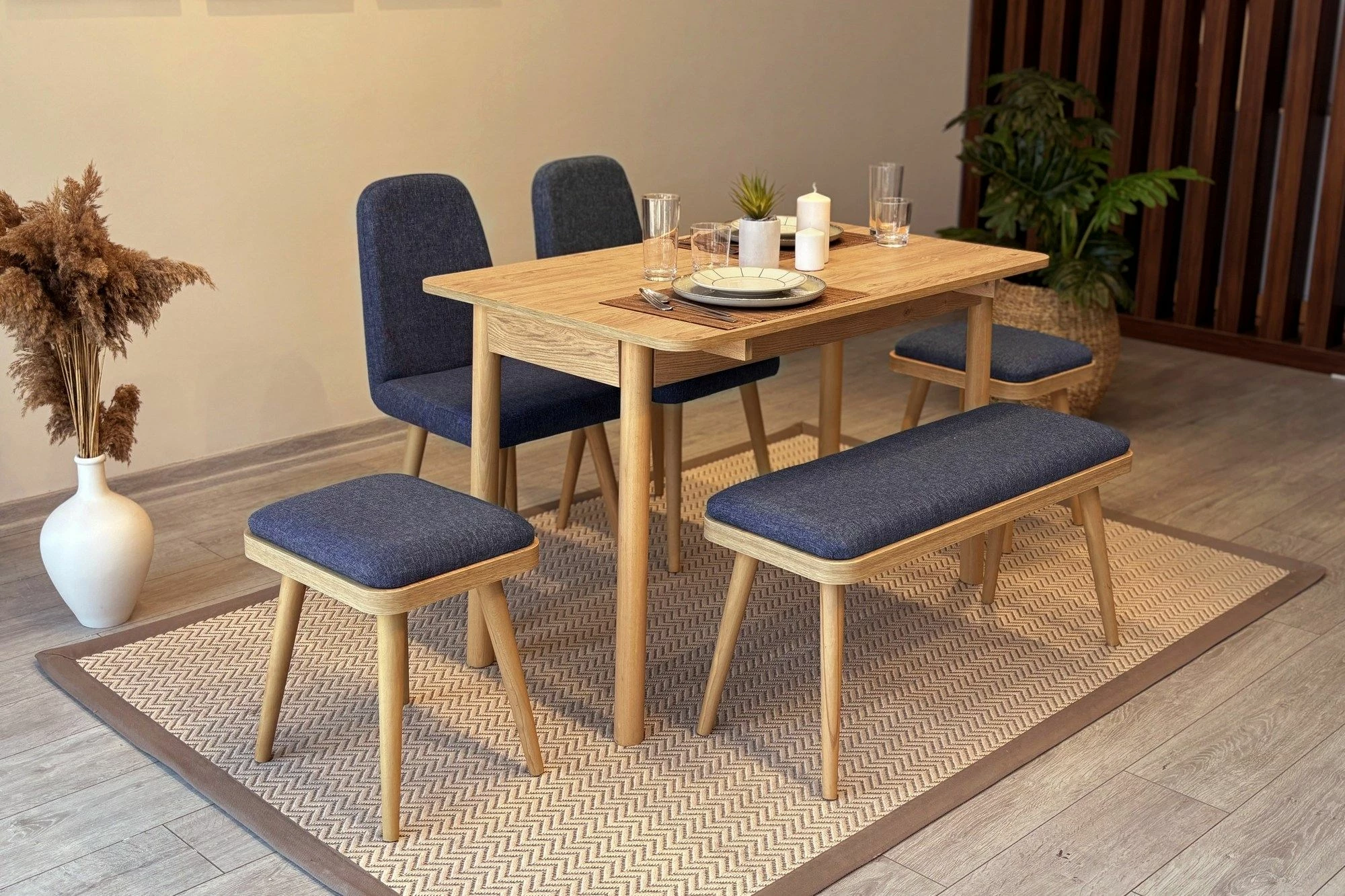 Tavolinë me karrige, set 6 pjesësh, ngjyrë lis dhe kaltër e errët, Vina Mini 03 1048