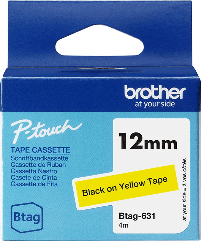Kasetë shirit etiketa Brother Btag-631, 12mm x 4m, e zezë në të verdhë