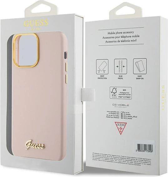 Mbështjellës Guess Silicone Script Metal Logo & Frame për iPhone 15 Pro Max, Rozë