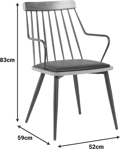 Karrige me krahë Posse, metal i zi, dru arre, lëkurë artificiale e zezë, 52x59x83cm