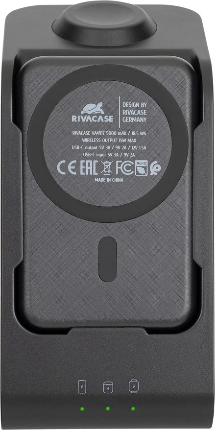Stacion karikimi wireless 3-në-1 MagSafe RIVACASE VA4917, 15W, bateri magnetike 5000mAh, adapter 20W, i zi