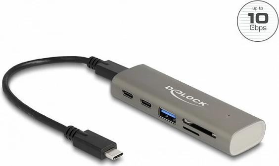 USB-C Hub DeLOCK 3-Port, 10Gbps, me lexues SD/MicroSD, gri