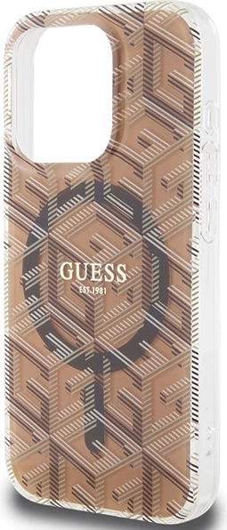 Mbështjellës Guess IML GCube MagSafe për iPhone 15 Pro, kafe