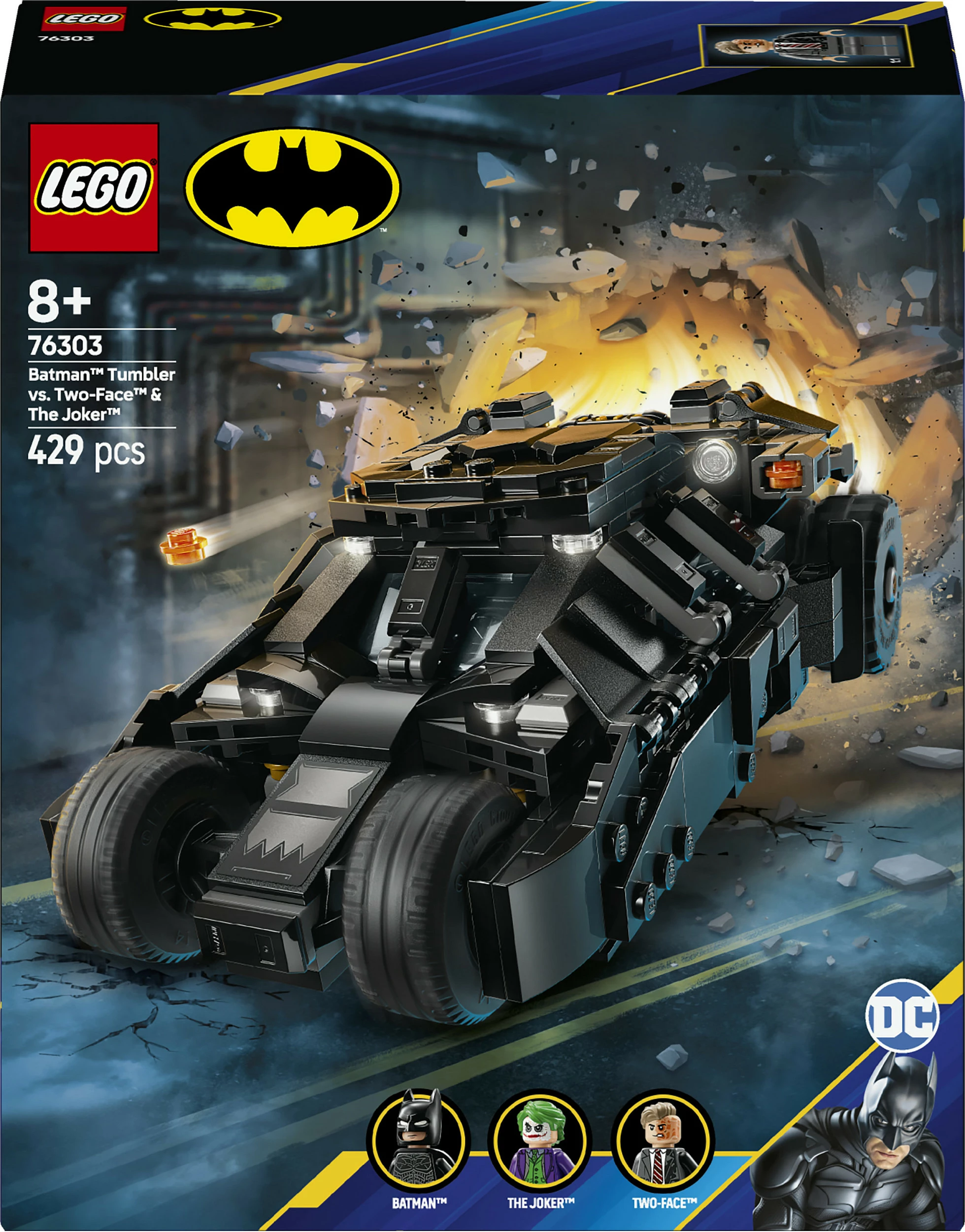 Set ndërtimi LEGO DC Super Heroes 76303 Batman Tumbler vs Two Face & Joker, 429 pjesë, multikolor