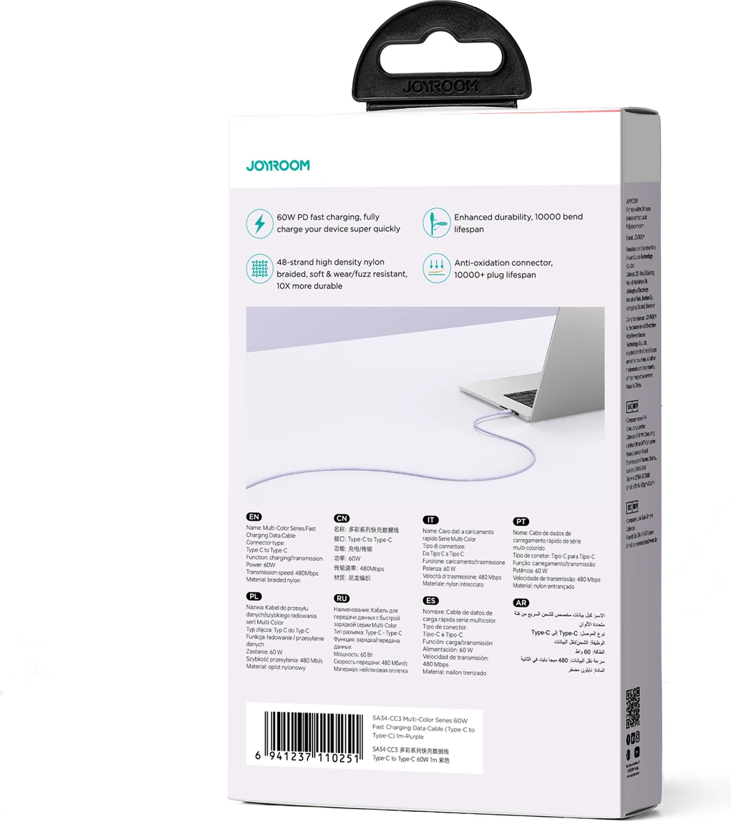 Kabllo USB-C në USB-C Joyroom Multi-Color Series S-A34, 1m, 60W, vjollcë