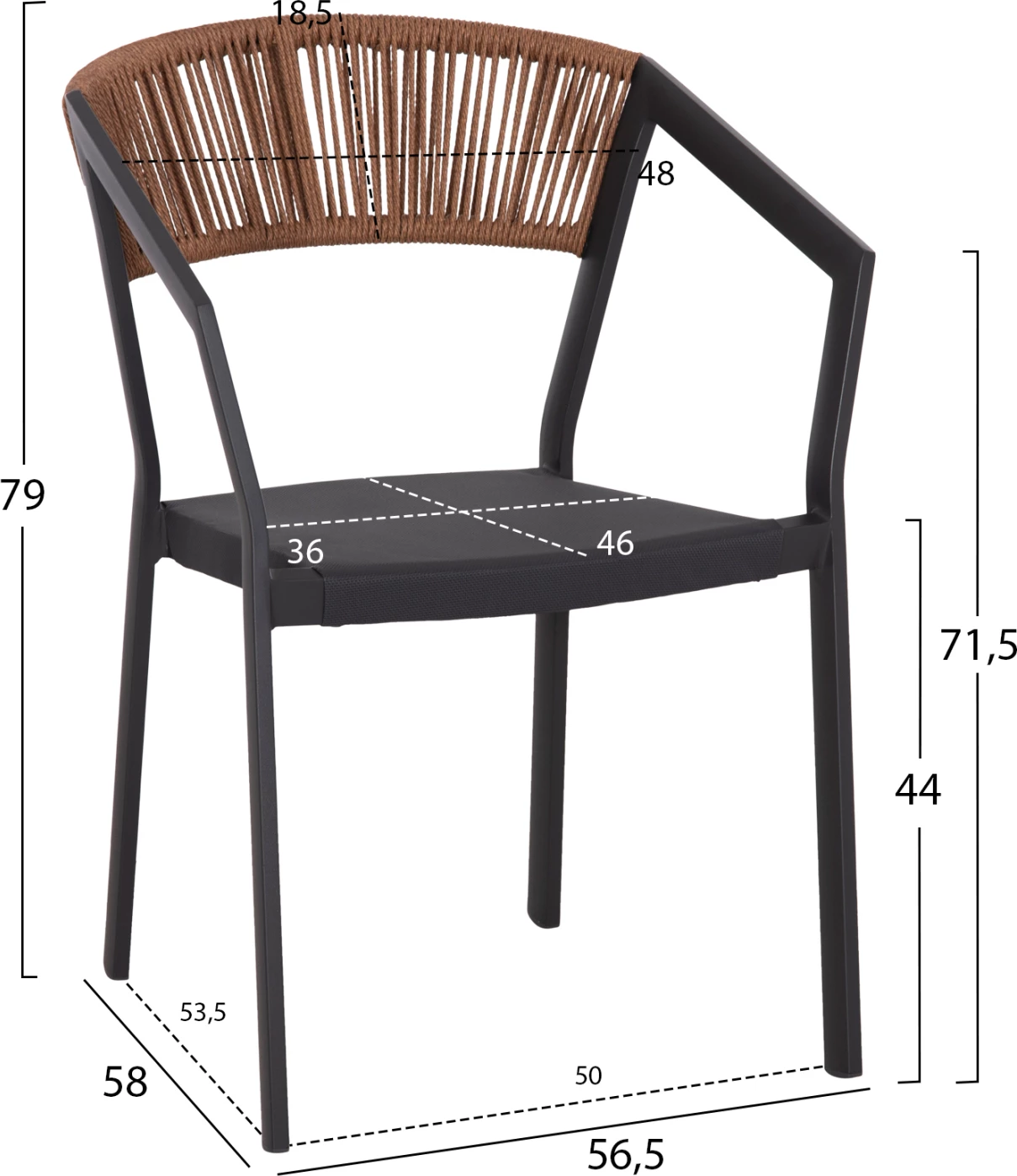Karrige alumini FH5891.01, kornizë antracit dhe tekstil, shpinë rattan bezhë, 56x60x81,5H cm